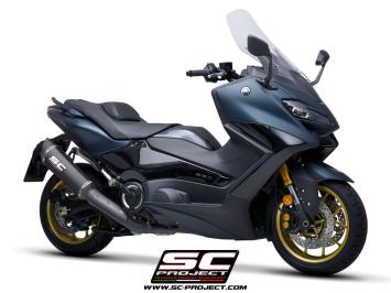 SC-Project Volledig 2-1 RVS Matt Black Uitlaatsysteem Met SC1-R Carbon Einddemper Euro5 Gekeurd YAMAHA T-MAX 560 2022 - 2024